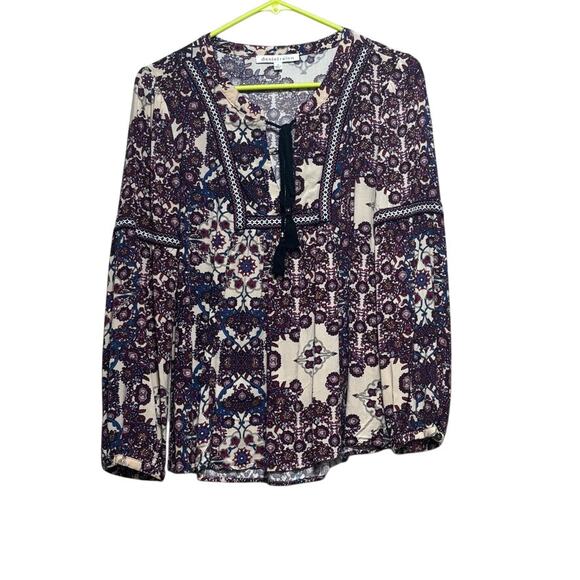 Daniel Rainn Tops - Daniel Rainn Boho Printed Peasant Blouse Split V-Neck Tassel Top - Size M